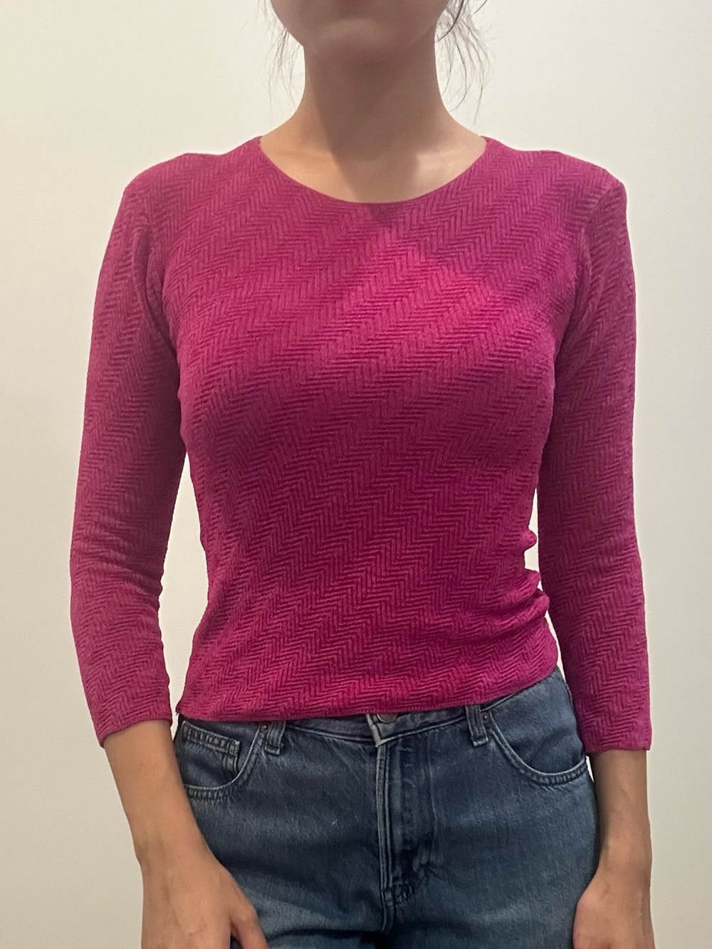 Emporio Armani Velvet Textured 3/4 Sleeve Top XS Pink Made in Italy